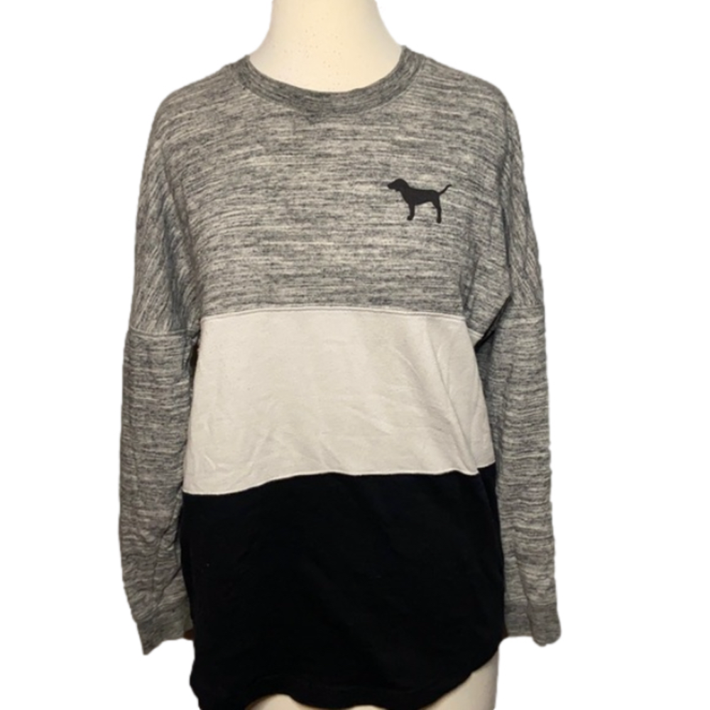 PINK Victoria’s Secret Long Sleeve Color Block Gray White Black Dog XS